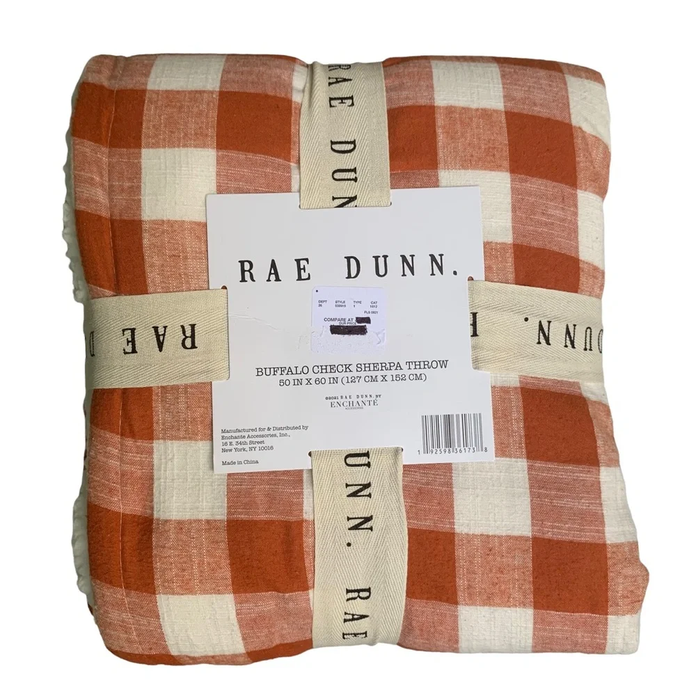 Rae Dunn blessed Buffalo Check Sherpa Throw Blanket Orange Cream White Plaid NWT - Picture 2 of 15